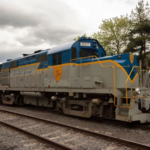 Blue and gray locomotive parked on railway tracks with trees and cloudy sky in the background.