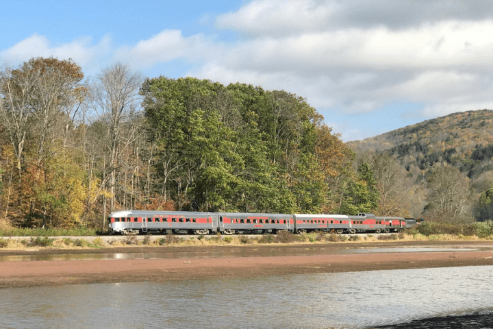 Train passing by a forest and mountain under a partly cloudy sky.