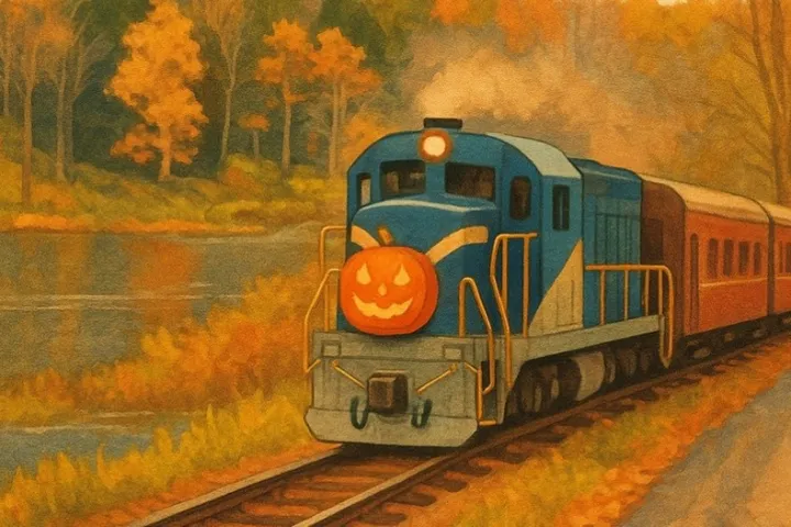 Train with pumpkin face in autumn landscape near river and trees.
