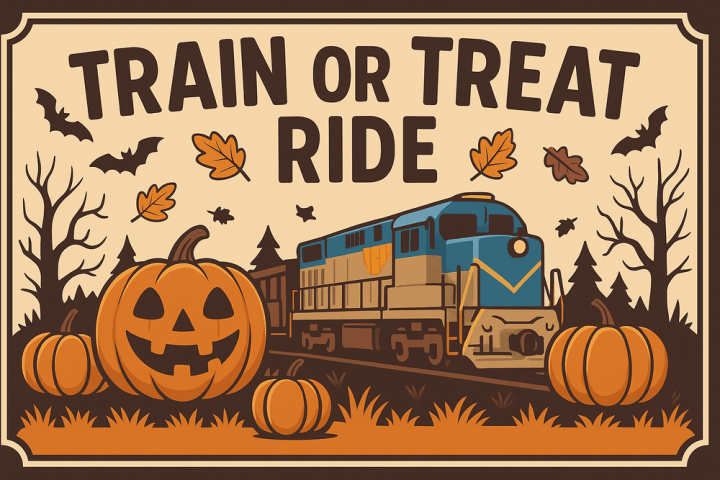 Halloween-themed poster with train, pumpkins, bats, and text 'Train or Treat Ride'.